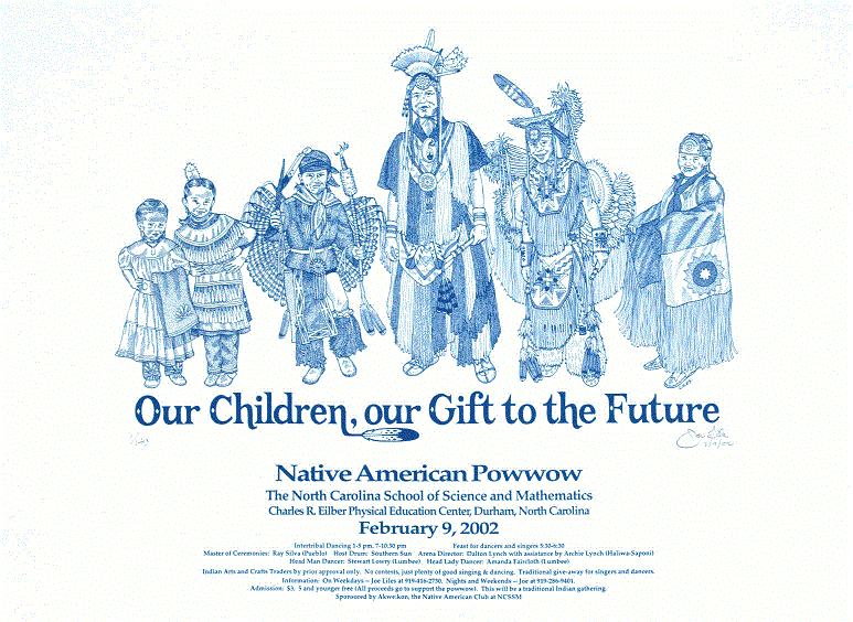 NCSSM Powwow<BR>2002<BR>20in x 26in<BR>Blue on Off-White Paper<BR>Number Produced: 149<BR>$30