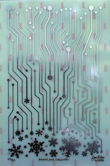 Snowflake Circuitry<BR>1988<BR>12.25in x 18in<BR>Silver on Fiberglass Circuitboard<BR>Number Produced: 30<BR>$75