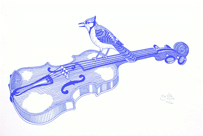 Blue Jay and Fiddle<BR>1978<BR>20in x 26in<BR>Gray Paper<BR>Colors: 1<BR>Number Produced: 100<BR>$45