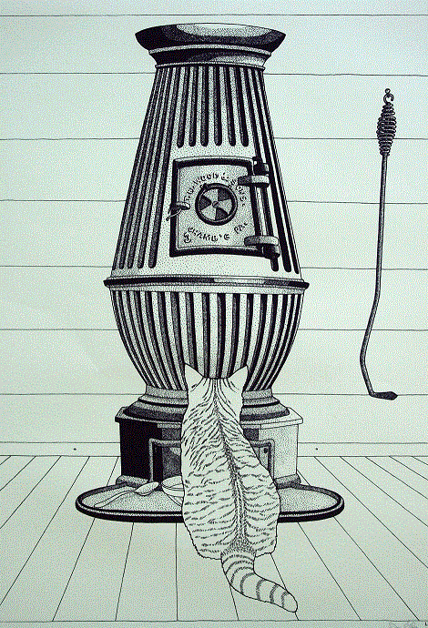 Cat and Stove<BR>1978<BR>19in x 25in<BR>Ochre Paper<BR>Colors: 1<BR>Number Produced: 100<BR>$75