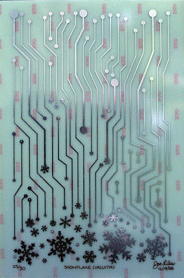 Snowflake Circuitry<BR>1988<BR>12.25in x 18in<BR>Silver on Fiberglass Circuitboard<BR>Number Produced: 30<BR>$125